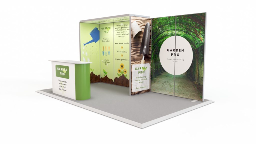 Modular exhibition stand with arch fitted into a bus stop style 