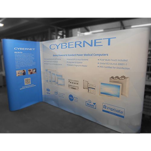 2m x 4m L shape pop up display stands created with linked pop up frames 