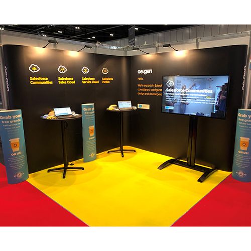 3m x 3m linked l shape pop up stand with 9 printed panels
