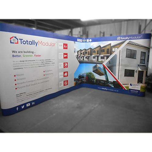 3m x 4m L shape pop up stand, linked with printed graphic panels.