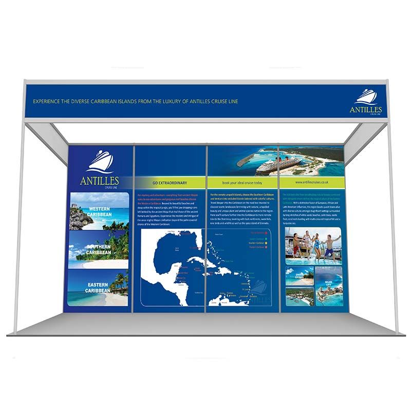 4m x 4m shell scheme, with 4 printed rollable graphics or printed foamex panels. 