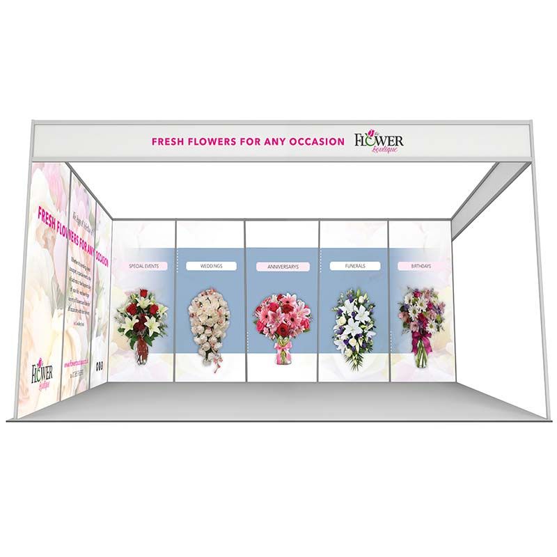 3m x 5m shell scheme, L shape configuration. Choose from 8 printed rollable graphics or printed foamex panels. 