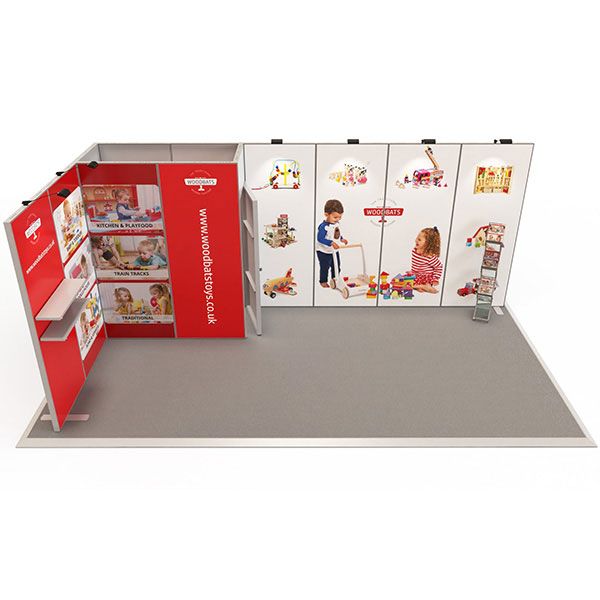 3m x 6m modular exhibition stand, includes aluminium framework, custom printed panels and storage cupboard from the exhibit range.