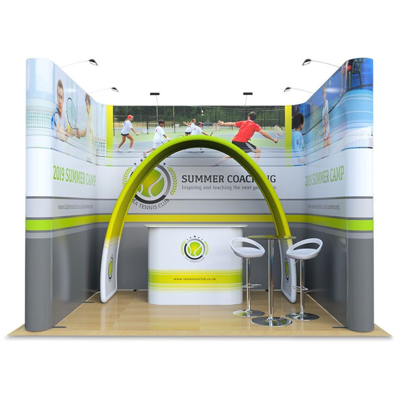 3m x 4m exhibition stand includes jumbo u shape, fabric arch display, celtic counter, table and stools