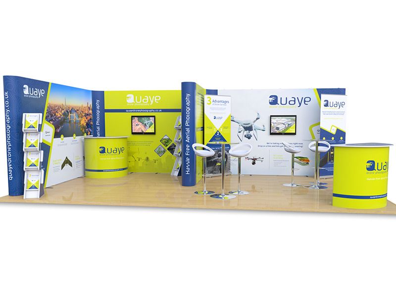 4m x 7m Exhibition Stand with F Shaped Pop Up stands, Sterling roller banners, Jasper Counters, Cascade literature stands, Monitor arms, Tables and stools