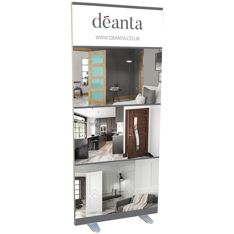 SEG fabric display includes 2 silicone edged fabric graphic panels to create a double sided retail display unit