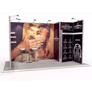Exhibit Modular Exhibition Stand 2m x 4m kit 1, made in to a U shape with a 1m x 1m storage cupboard 
