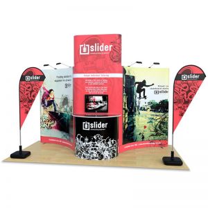 2m x 4m exhibition stand with flags and jasper counter