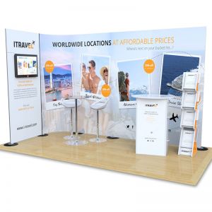 2m x 4m Streamline exhibition stand with monitor stand, counter and leaflet dispenser