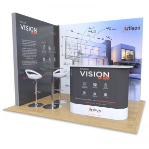 2m x 3m Modular Exhibition Stand, includes 5 printed back panels, Celtic counter and Table and Stools.