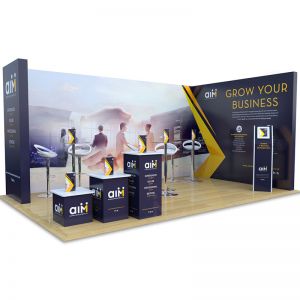 3m x 5m modular exhibition stand with plinths, iPad stand, tables and chairs