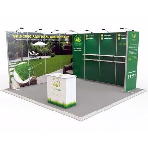 Exhibit Modular Exhibition Stand 4m x 4m created in an L shape with a 1m double sided recess panel