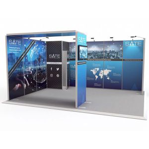 Exhibit Modular Exhibition Stand 4m x 5m Kit 2 with 1m x 1m storage cupboard and printed arch