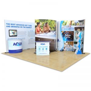 4m x 5m Double Sided Streamline bundle. Includes 2 double sided streamline displays, cascade leaflet dispenser, Aztec counter & Jasper counter made from eco-friendly Xanita Board. Plus a table and stools. 