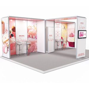Exhibit Modular Exhibition Stand 4m x 7m Kit 2 which includes x3 arches and a 1m x 1m storage cupboard