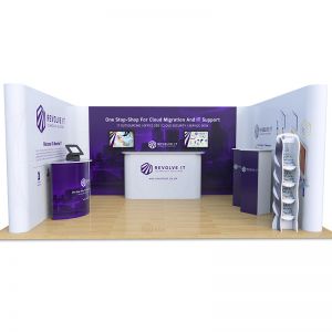 4m x 5m Exhibition Stand includes U Shaped Pop Up backdrop, Celtic Counter, Jasper Counter, Moonbase tablet stand, Saxon Plinths and Hexby literature stand