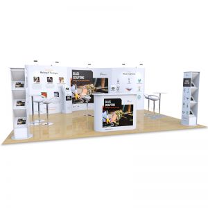 5m x 6m Exhibition Stand includes wave pop up backdrop display, Celtic counter, Brandon literature stands, Fusion iPad stands, Tables and Stools