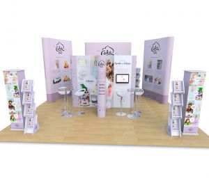 6m x 6m Exhibition Stand includes 3x1 cross island display, 4x2 Jumbo Pop Ups, 4x3 Jumbo Pop Up, Monitor arm, Cascade literature stands, Promo towers, Tables and Stools