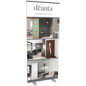 SEG fabric display includes 2 silicone edged fabric graphic panels to create a double sided retail display unit