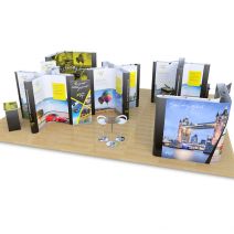 8m x 10m cross exhibition stand includes 3 x 'cross' shape quad displays, banner stands, double sided L Shape pop ups, tables, chairs, and exhibition counters-everything you need for your stand