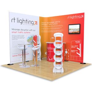 3m x 3m Streamline exhibition stand includes 2.5m H Streamline with monitor arm, Hexby literature stands, Jasper exhibition counters, Tables and Stools