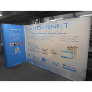 2m x 4m L shape pop up display stands created with linked pop up frames 