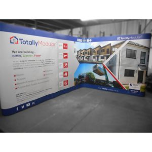 3m x 4m L shape pop up stand, linked with printed graphic panels.