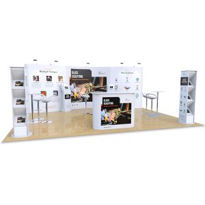 5m x 6m Exhibition Stand includes wave pop up backdrop display, Celtic counter, Brandon literature stands, Fusion iPad stands, Tables and Stools