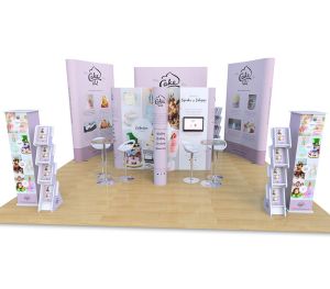 6m x 6m Exhibition Stand includes 3x1 cross island display, 4x2 Jumbo Pop Ups, 4x3 Jumbo Pop Up, Monitor arm, Cascade literature stands, Promo towers, Tables and Stools