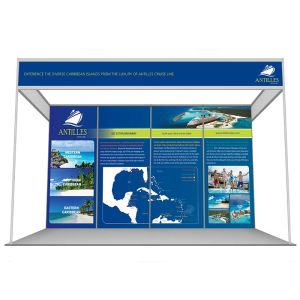 4m x 4m shell scheme, with 4 printed rollable graphics or printed foamex panels. 