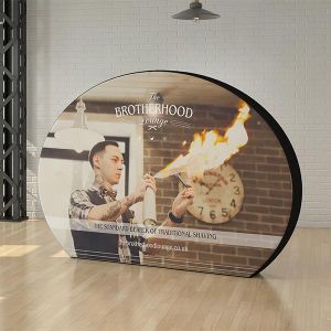 Tex-Flex oval back wall display stand, made with fabric. 