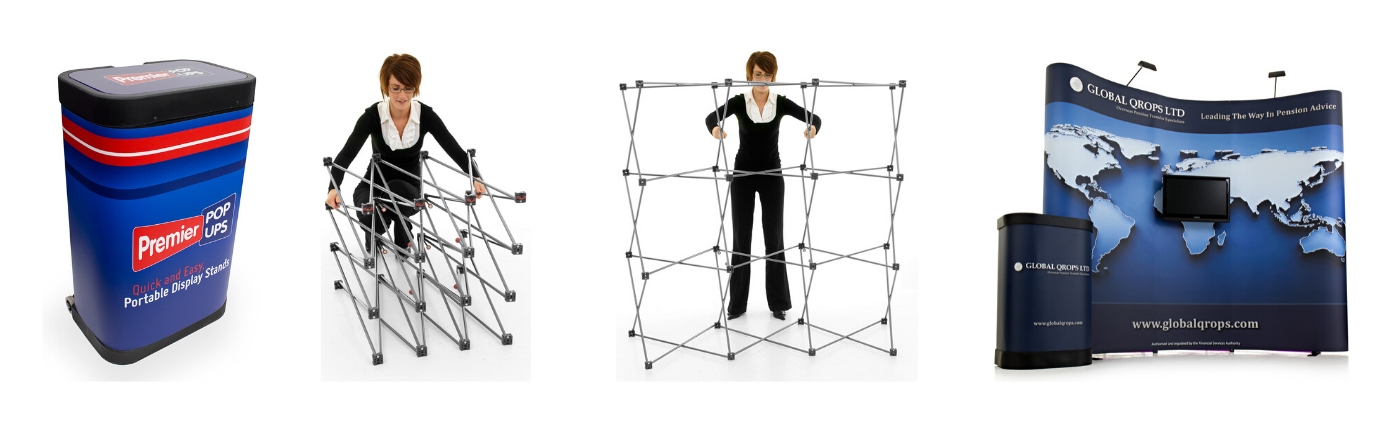 pop up stands can be upgraded to include monitor stands, counters and more